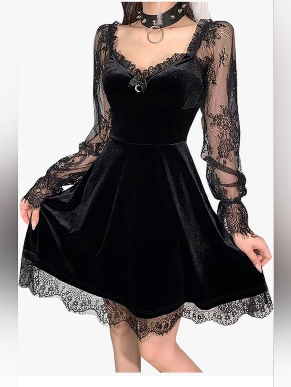 Elegant Black Velvet Gothic  Lace Long Sleeve Fit & Flare Dress